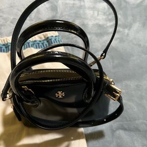 Tory Burch Glossy Black Shoulder Bag with Gold Accents